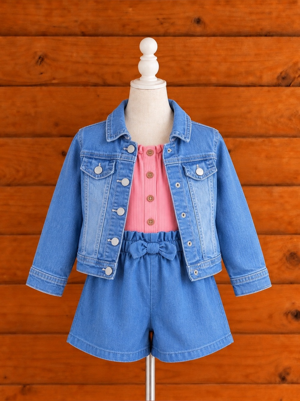 Girl’s Children's Place Blue Denim Jacket with Pink Ribbed romper picapino 5T